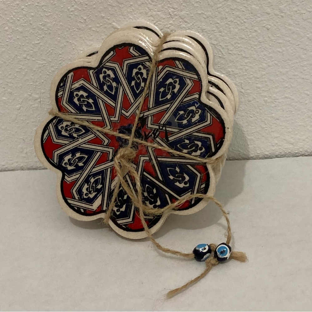 Lot of 4 European Style vivid red white blue floral ceramic tile coasters.